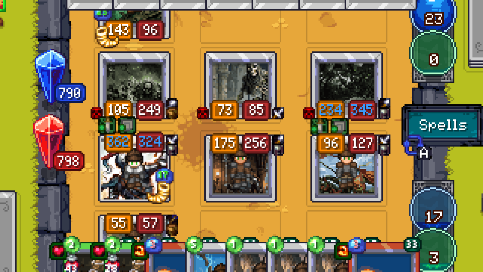 A card battle board showing character cards, combat statistics, resources, and spells