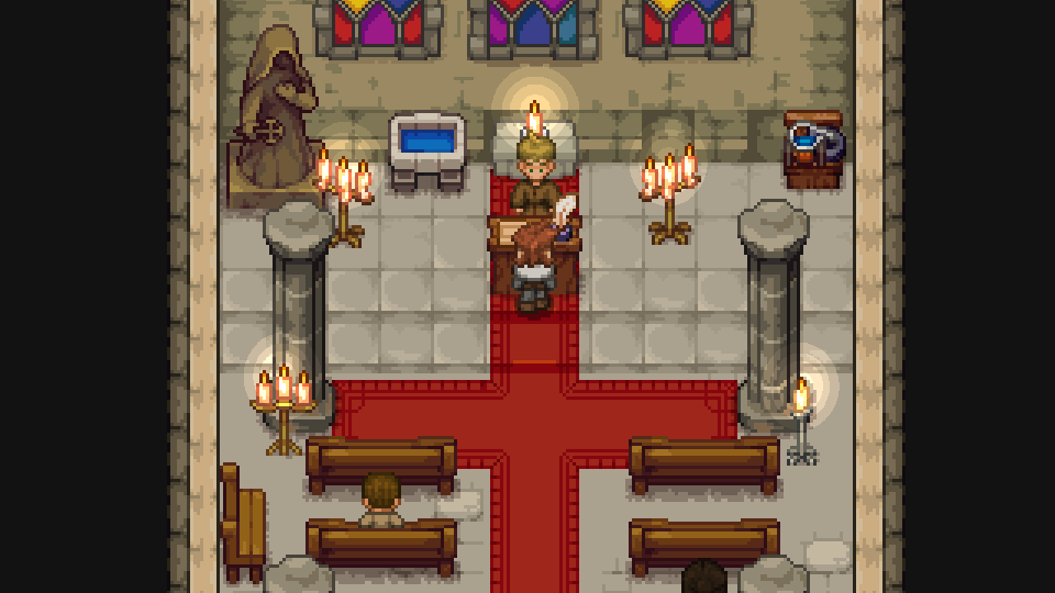 A candlelit church with stained-glass windows, wooden pews, and a red carpet leading to the altar
