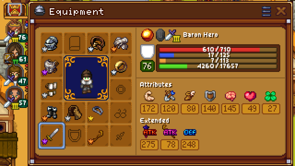 The equipment screen showing a hero, equipped gear, inventory slots, and character attributes