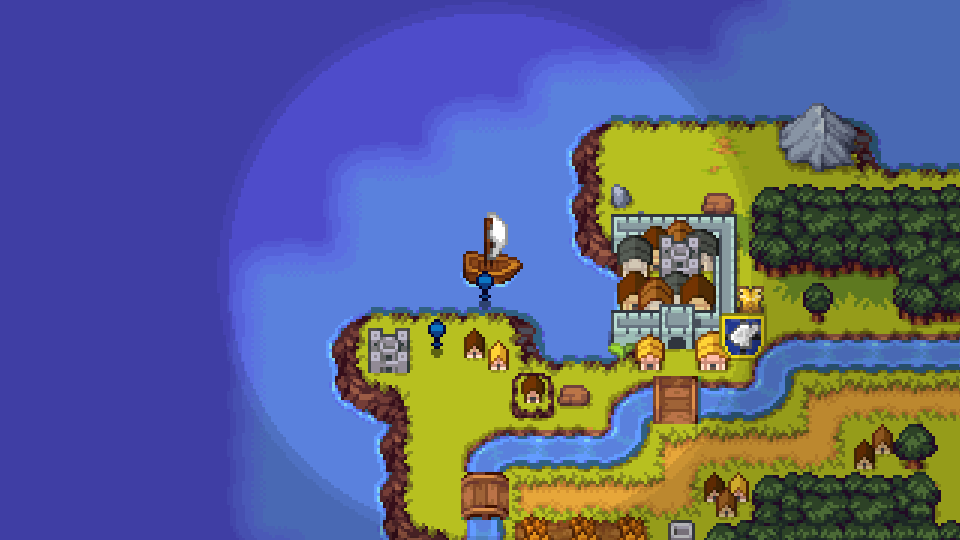 The overworld of Lorim, with forests, roads, settlements, and a ship off the coast